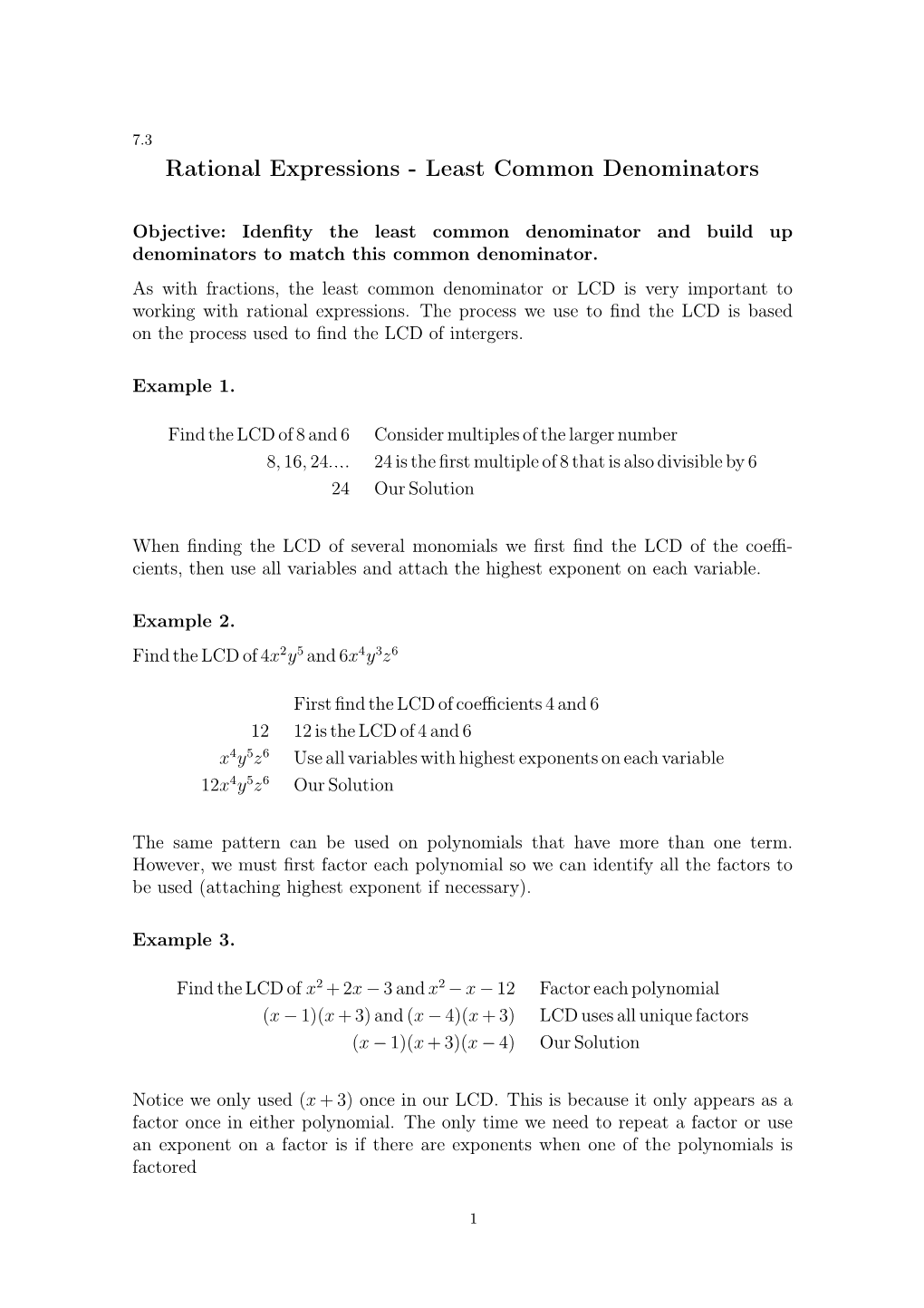 Rational Expressions - Least Common Denominators