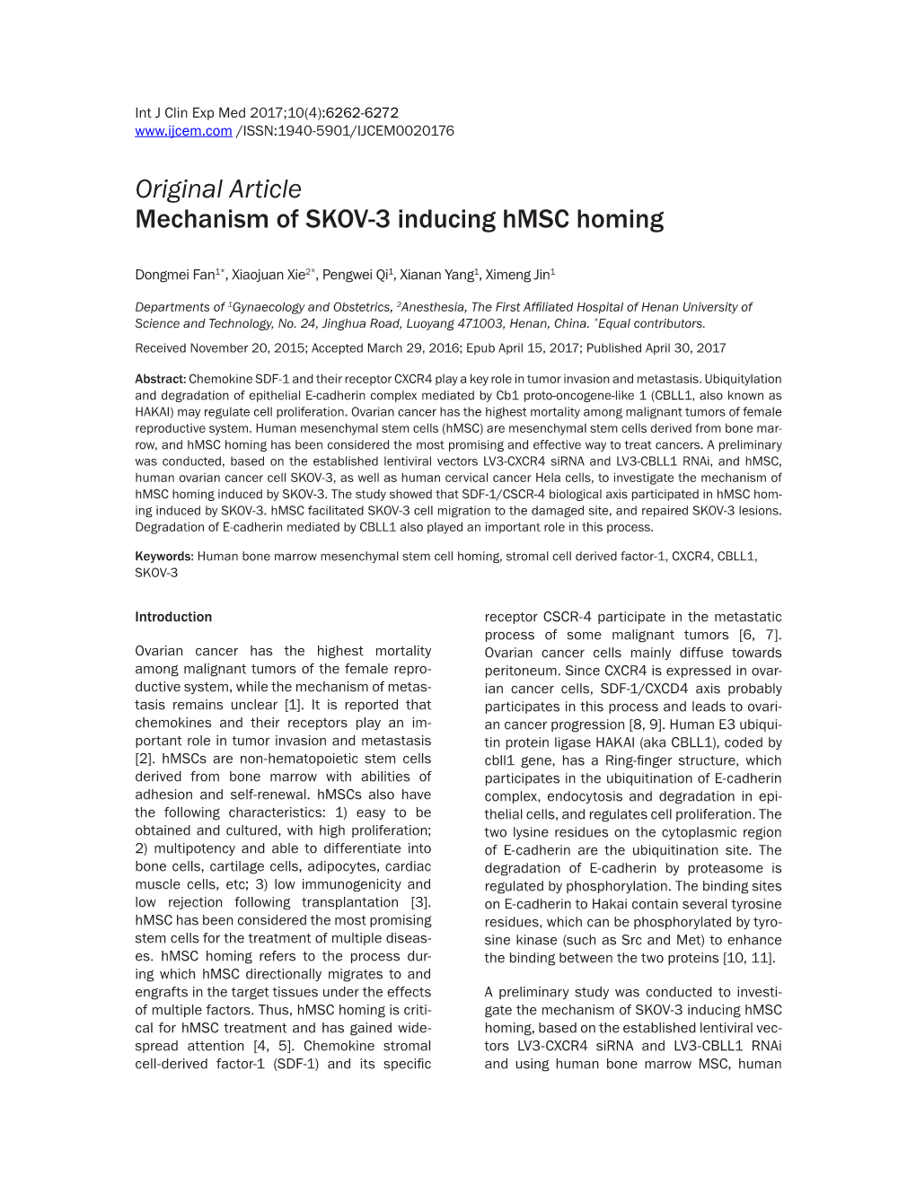 Original Article Mechanism of SKOV-3 Inducing Hmsc Homing