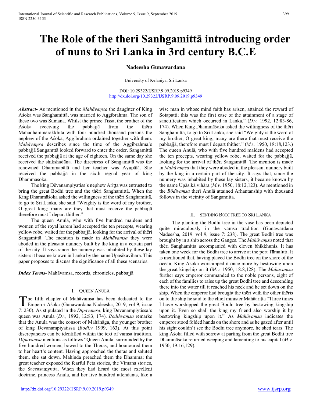 The Role of the Theri Sanhgamittā Introducing Order of Nuns to Sri Lanka in 3Rd Century B.C.E