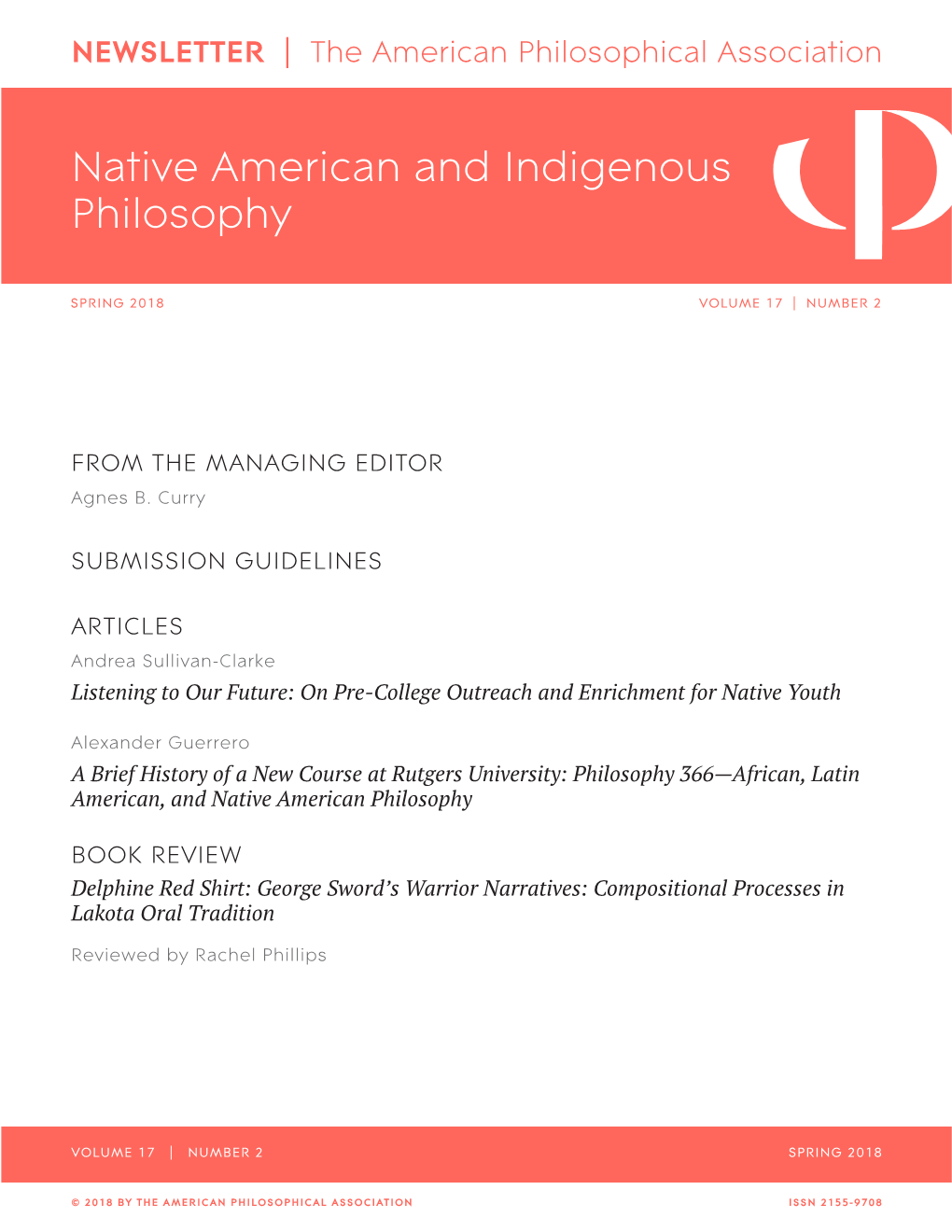 APA Newsletter on Native American and Indigenous Philosophy, Vol. 17