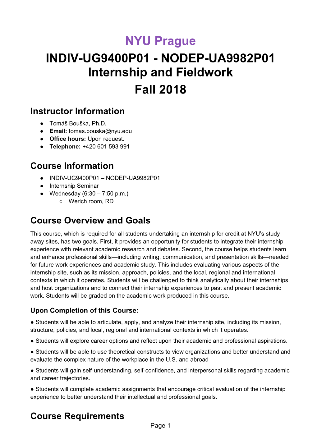 NYU Prague INDIV-UG9400P01 - NODEP-UA9982P01 Internship and Fieldwork Fall 2018