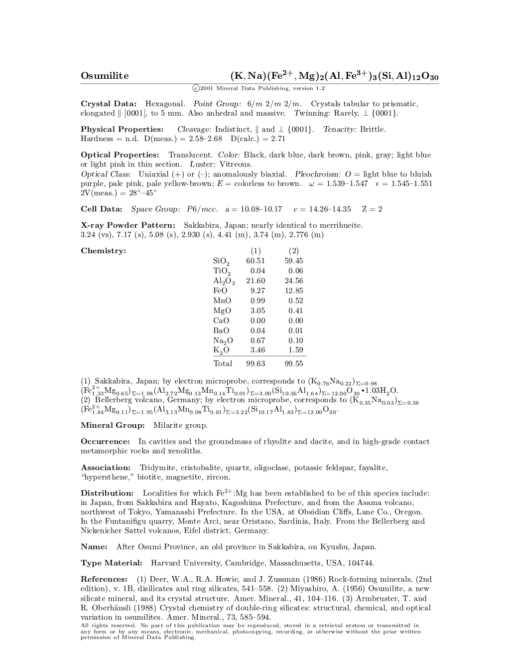 Osumilite (K; Na)(Fe ; Mg)2(Al; Fe )3(Si; Al)12O30 C 2001 Mineral Data Publishing, Version 1.2 ° Crystal Data: Hexagonal