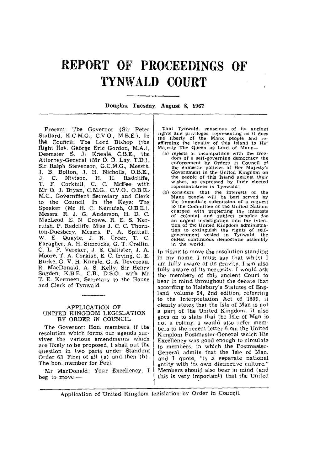 Report of Proceedings of Tynwald Court