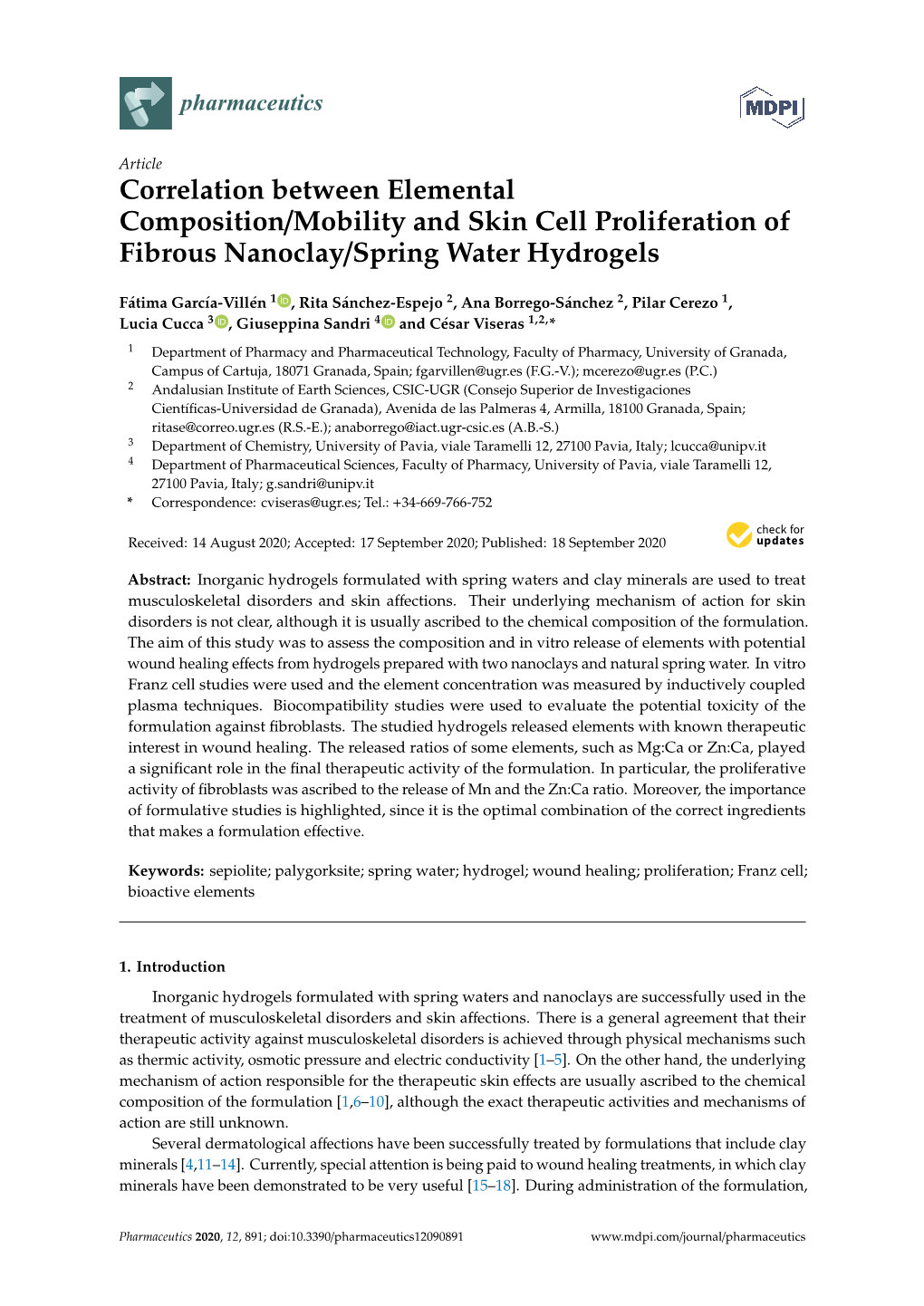 Correlation Between Elemental Composition/Mobility and Skin Cell Proliferation of Fibrous Nanoclay/Spring Water Hydrogels