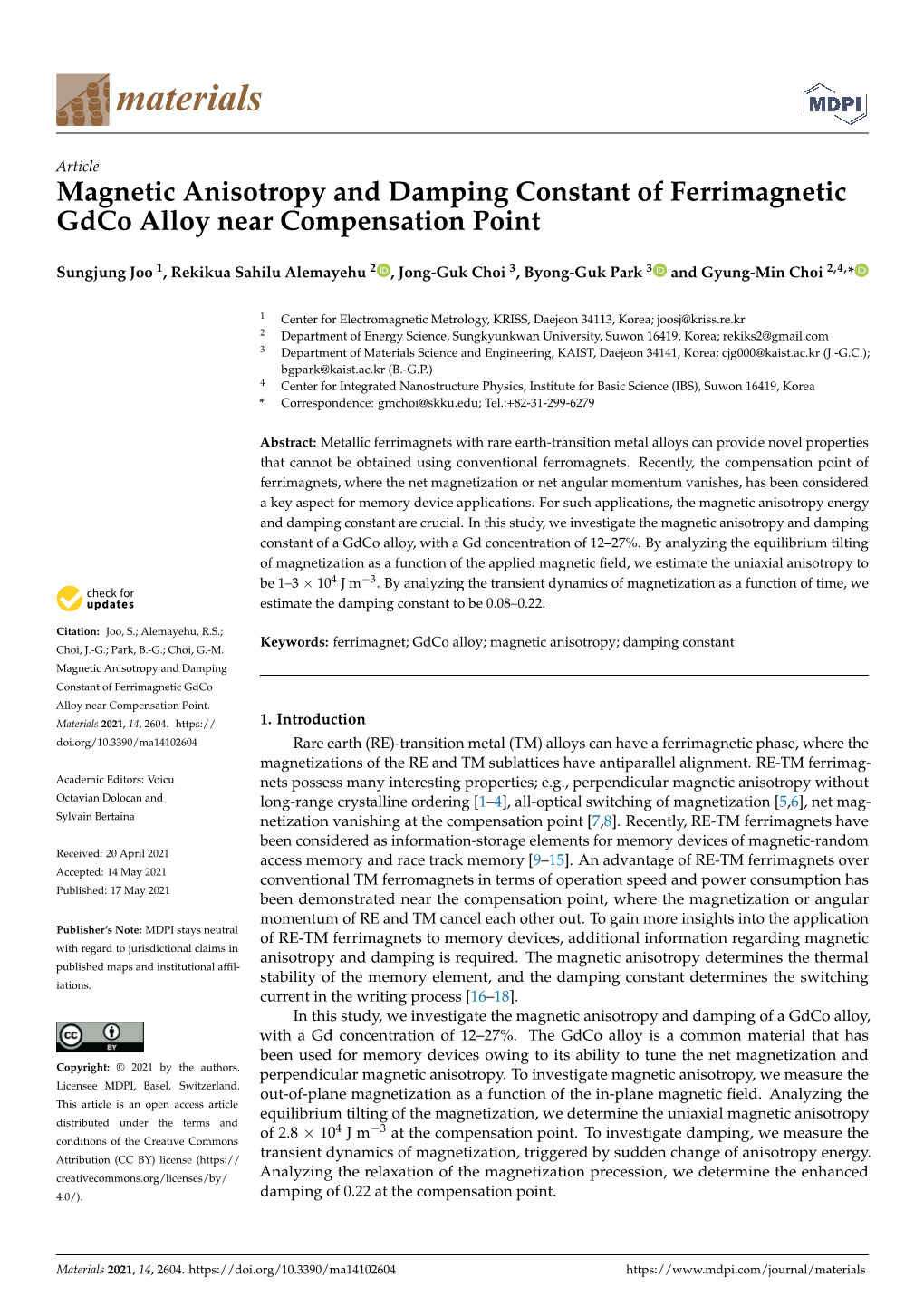 Magnetic Anisotropy and Damping Constant of Ferrimagnetic Gdco Alloy Near Compensation Point