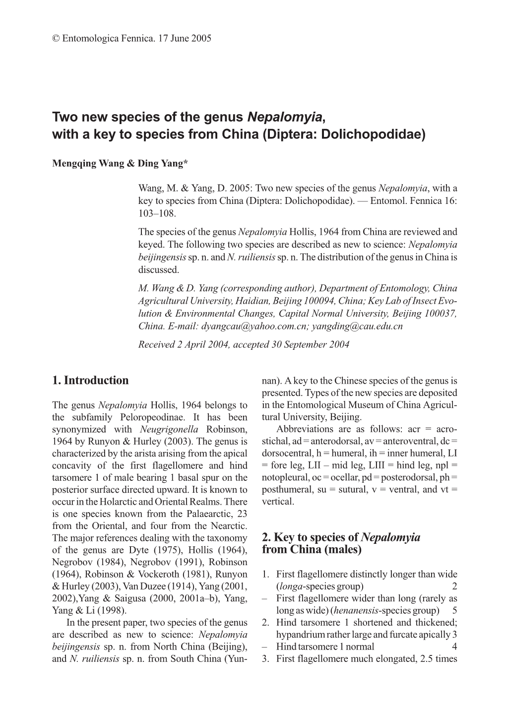 Two New Species of the Genus Nepalomyia, with a Key to Species from China (Diptera: Dolichopodidae)