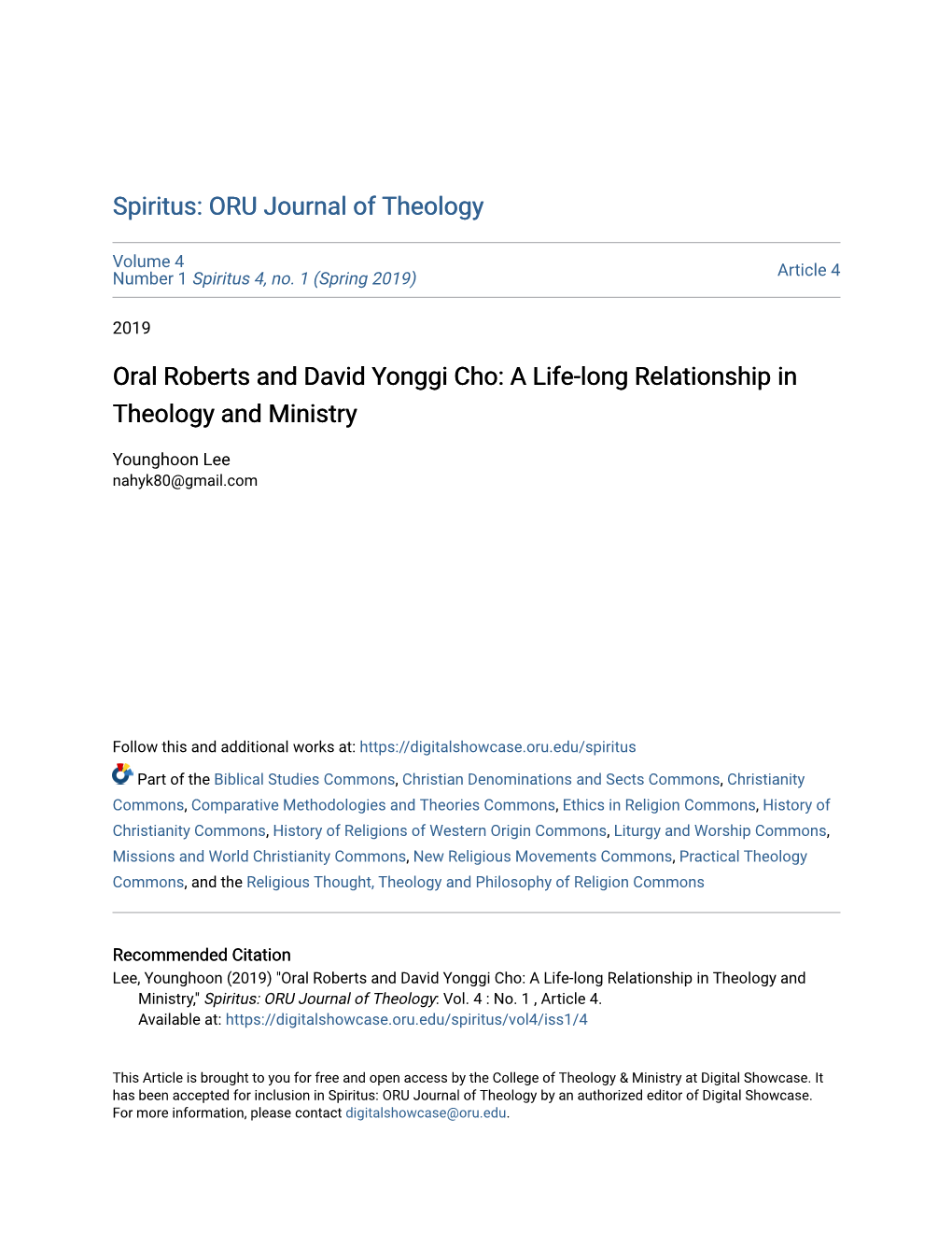 Oral Roberts and David Yonggi Cho: a Life-Long Relationship in Theology and Ministry