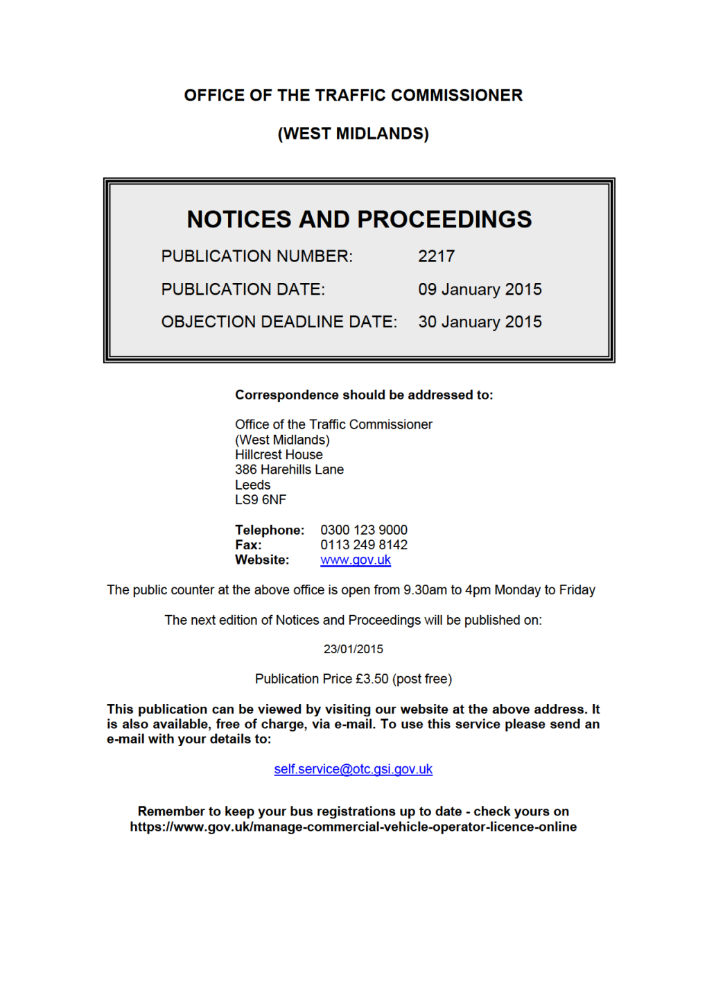 Notices and Proceedings for the Office of the Traffic Commissioner, West Midlands