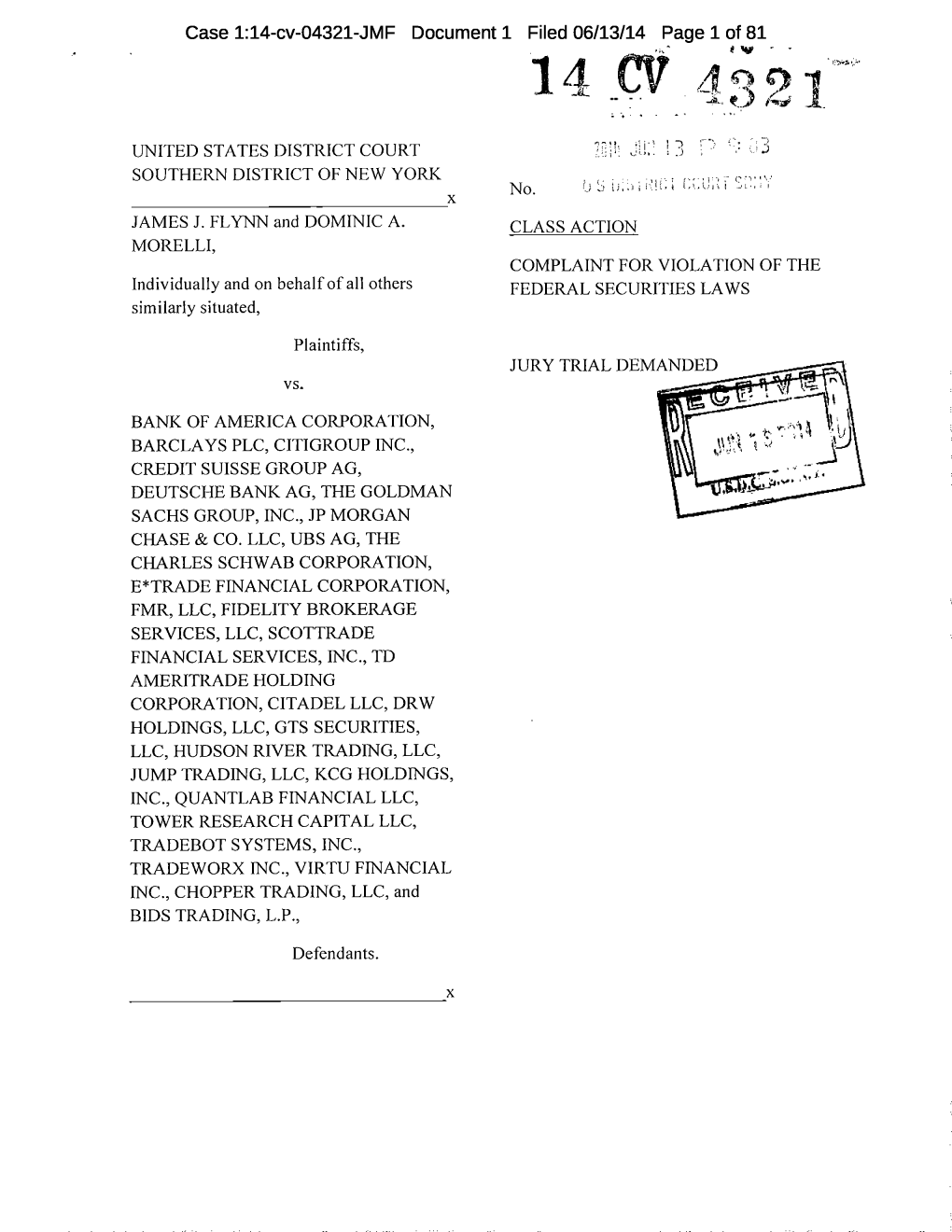 James J. Flynn Et Al. V. Bank of America Corporation Et Al. 14-CV-04321-Complaint for Violation of the Federal Securities Laws