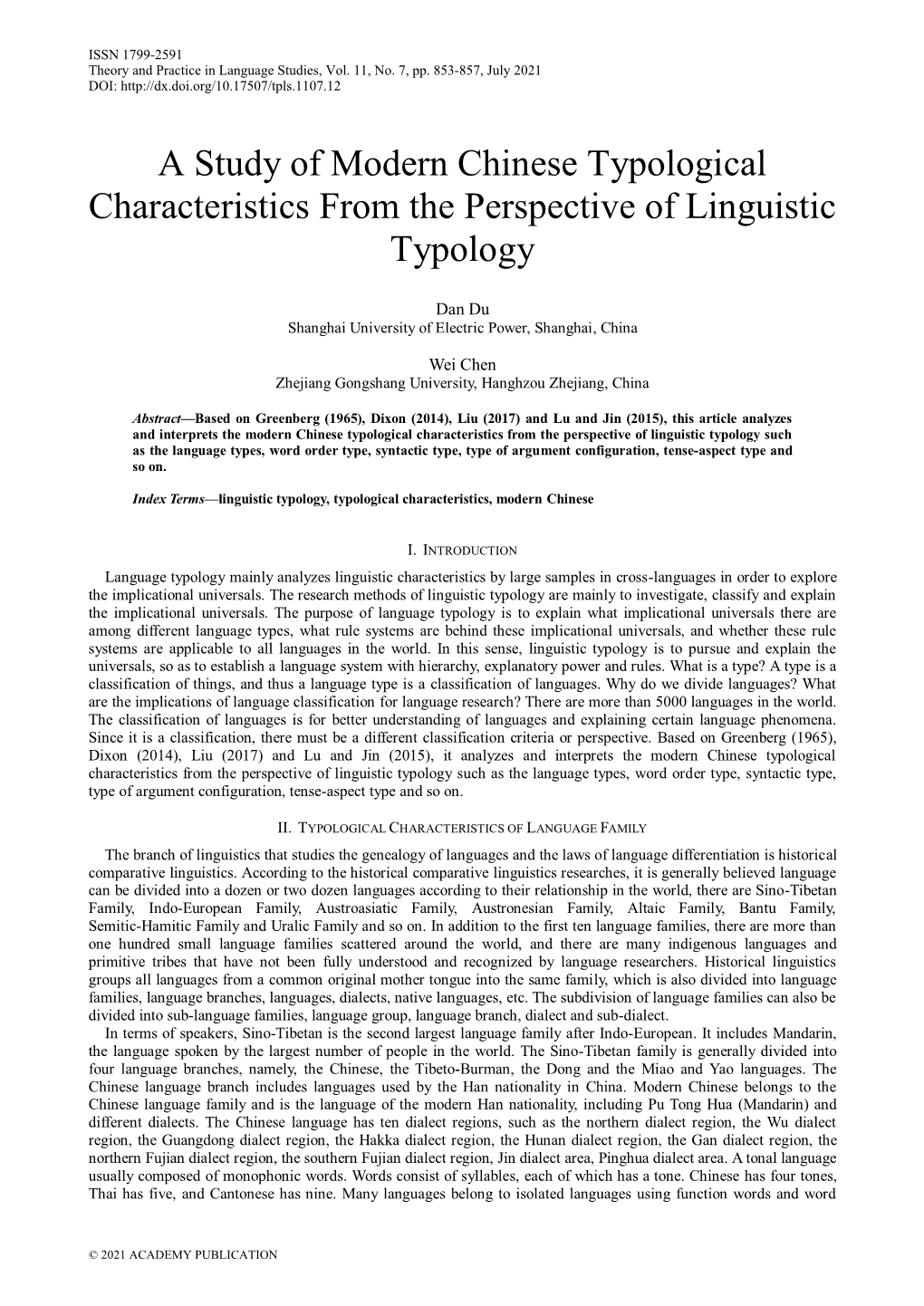A Study of Modern Chinese Typological Characteristics from the Perspective of Linguistic Typology