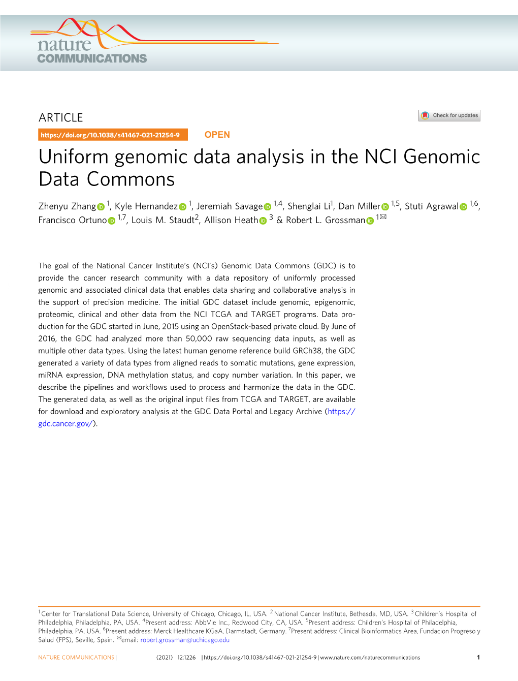 Uniform Genomic Data Analysis in the NCI Genomic Data Commons