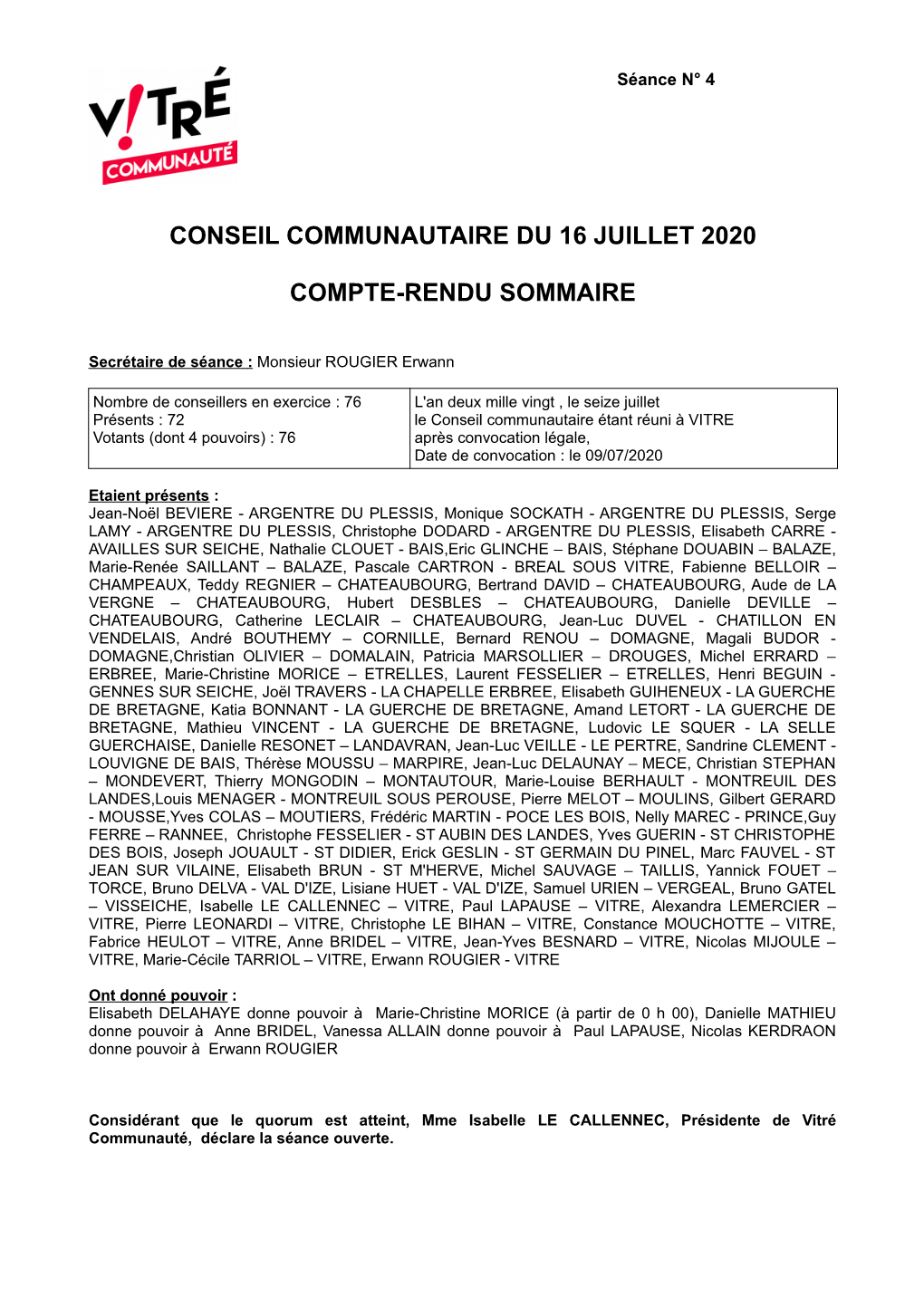 Conseil Communautaire Du 16 Juillet 2020 Compte-Rendu