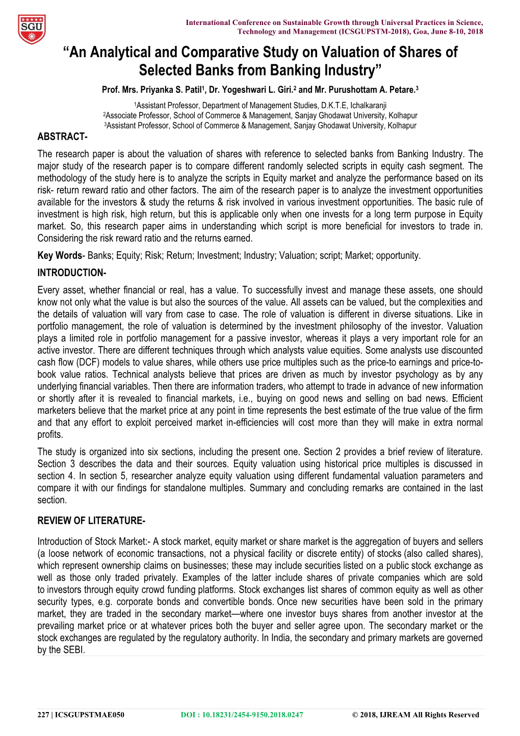 An Analytical and Comparative Study on Valuation of Shares of Selected Banks from Banking Industry” Prof