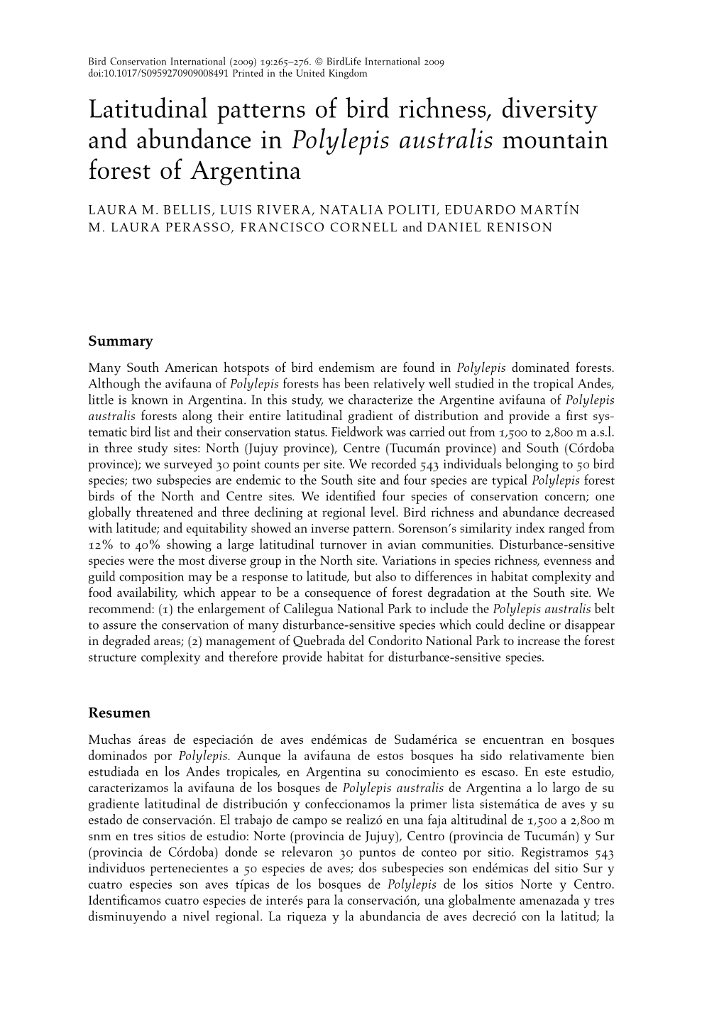 Latitudinal Patterns of Bird Richness, Diversity and Abundance in Polylepis Australis Mountain Forest of Argentina