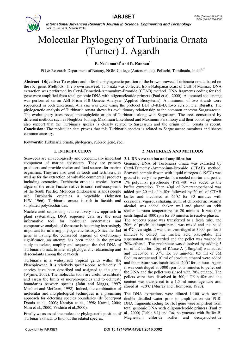 Molecular Phylogeny of Turbinaria Ornata (Turner) J. Agardh