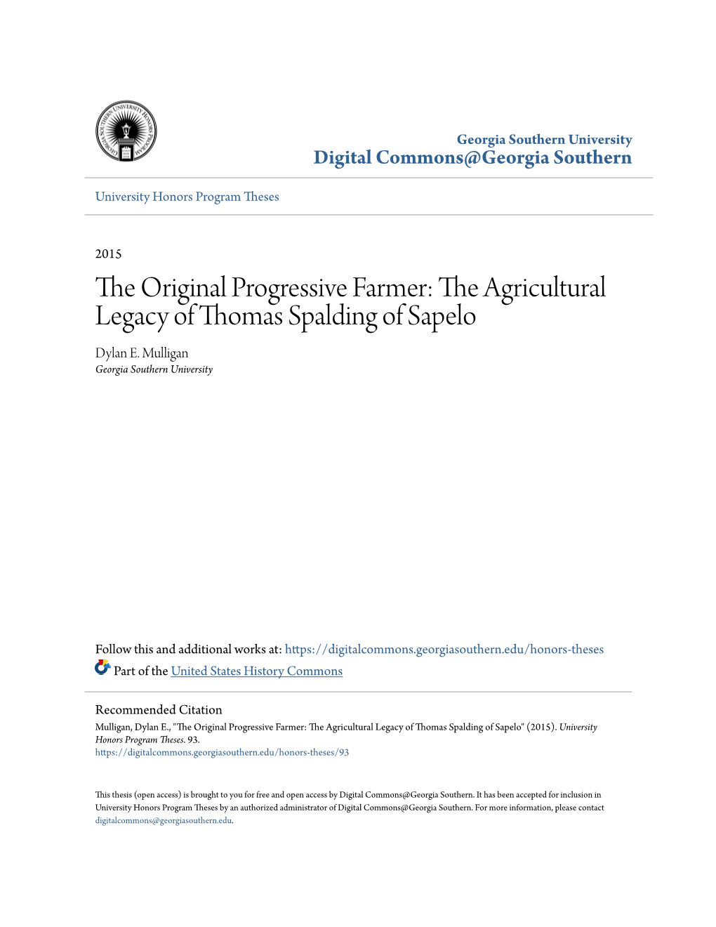 The Agricultural Legacy of Thomas Spalding of Sapelo Dylan E