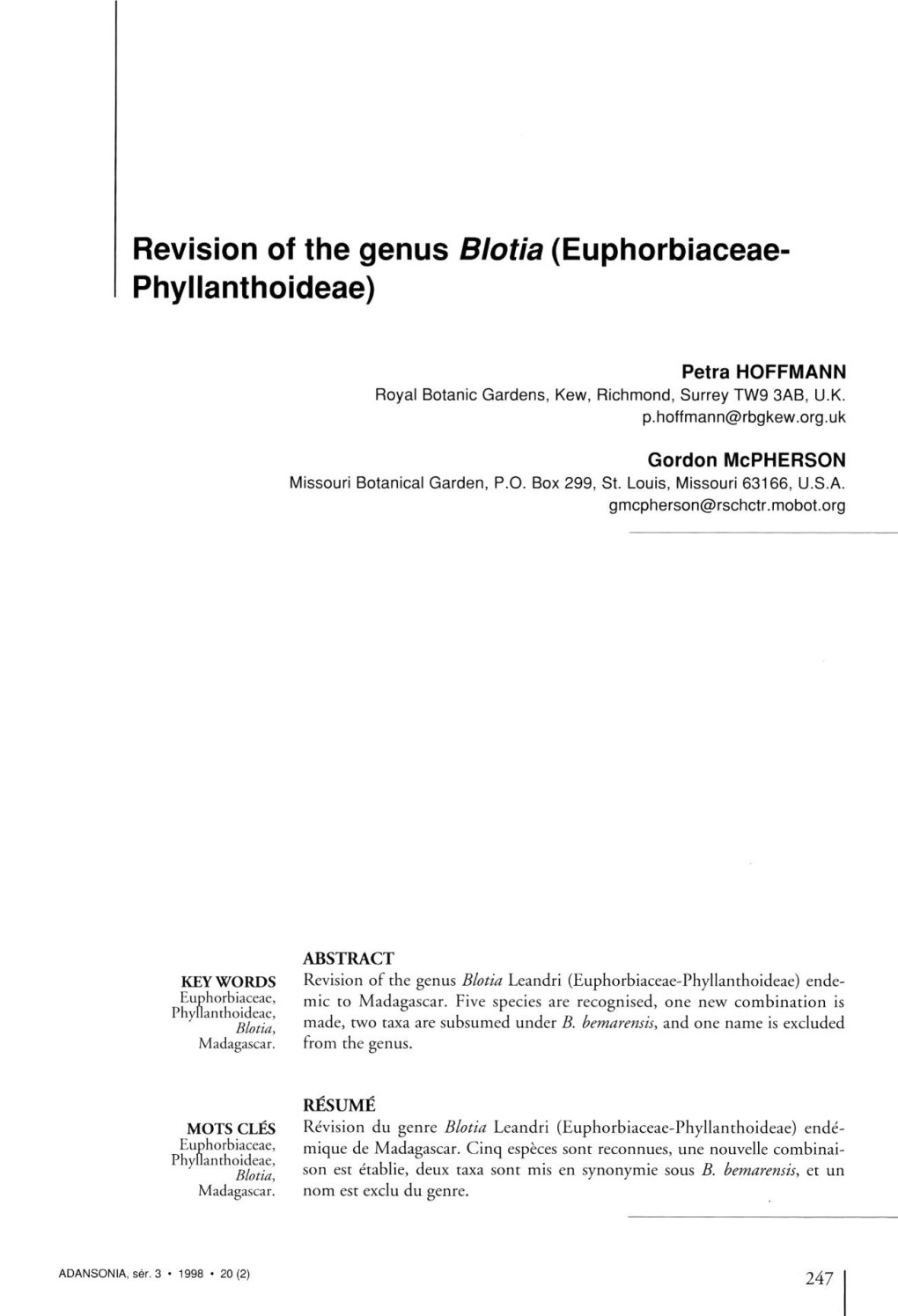 Revision of the Genus Blotia (Euphorbiaceae- Phyllanthoideae)
