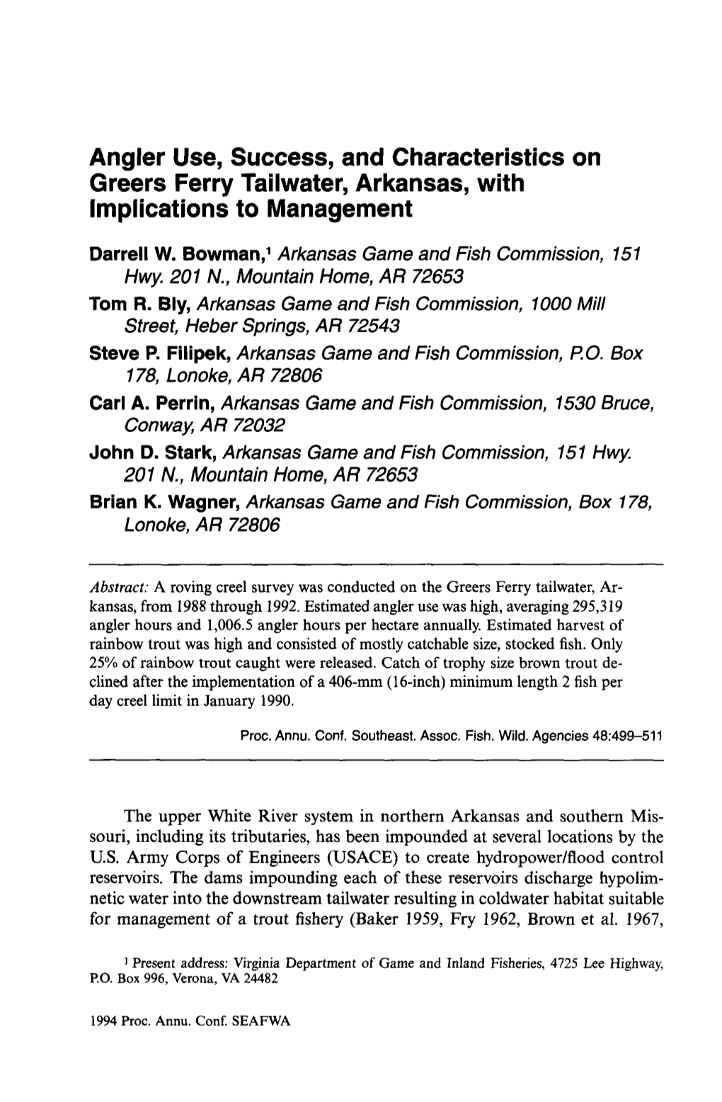 Angler Use, Success, and Characteristics on Greers Ferry Tailwater, Arkansas, with Implications to Management