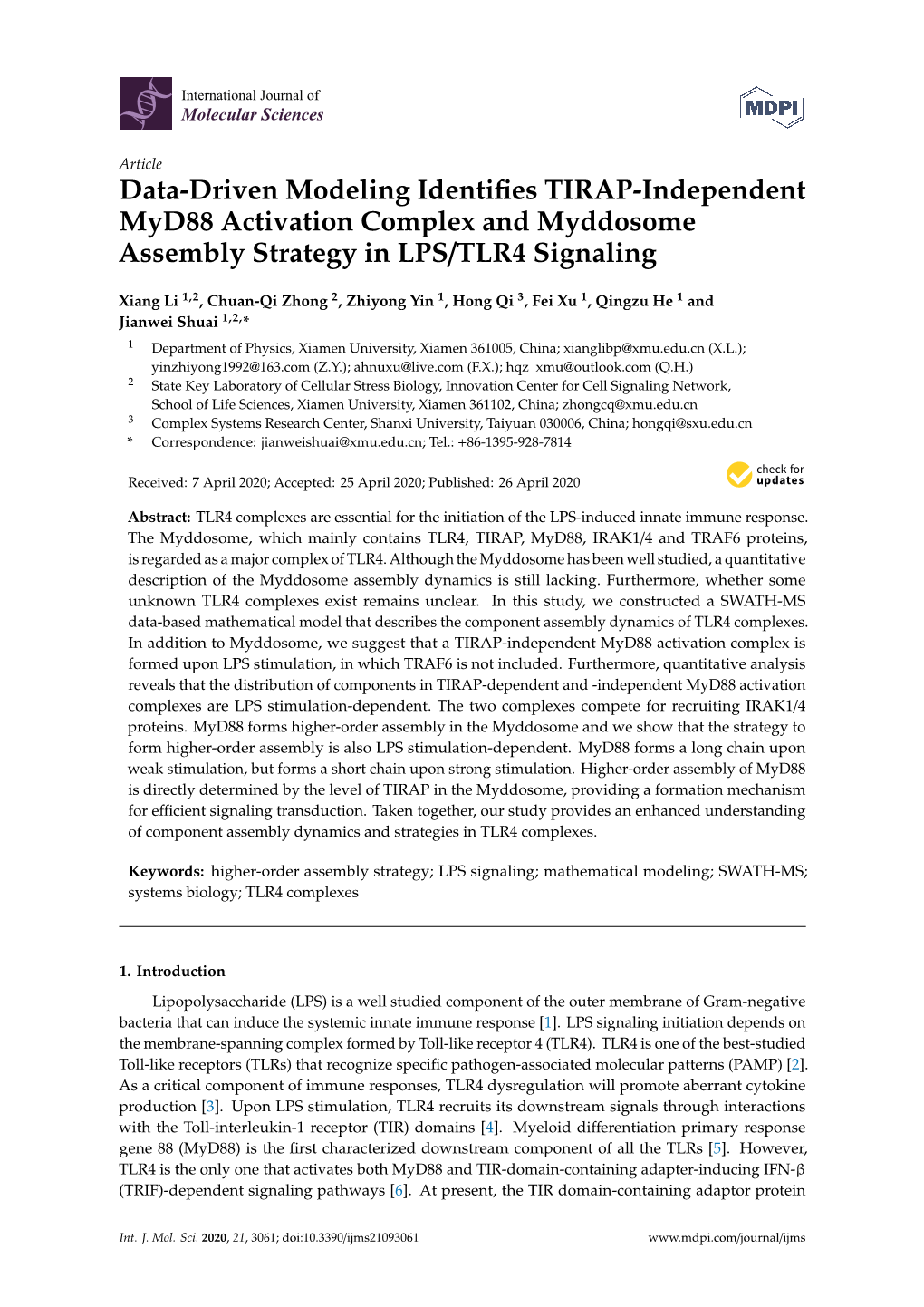 Data-Driven Modeling Identifies TIRAP-Independent Myd88