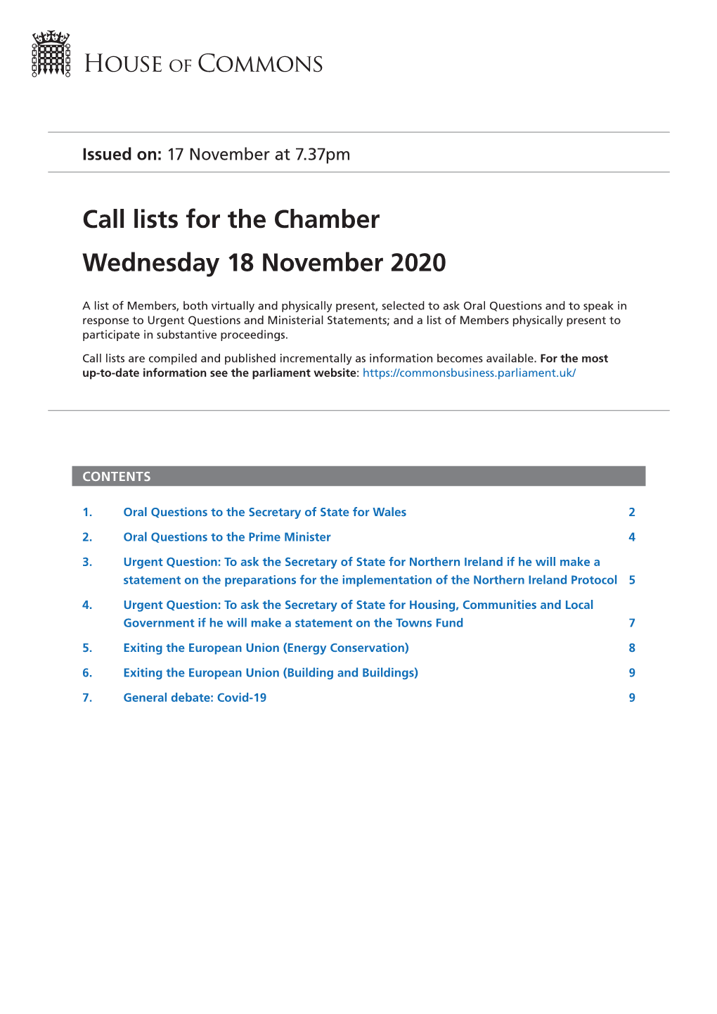 Call Lists for the Chamber Wednesday 18 November 2020