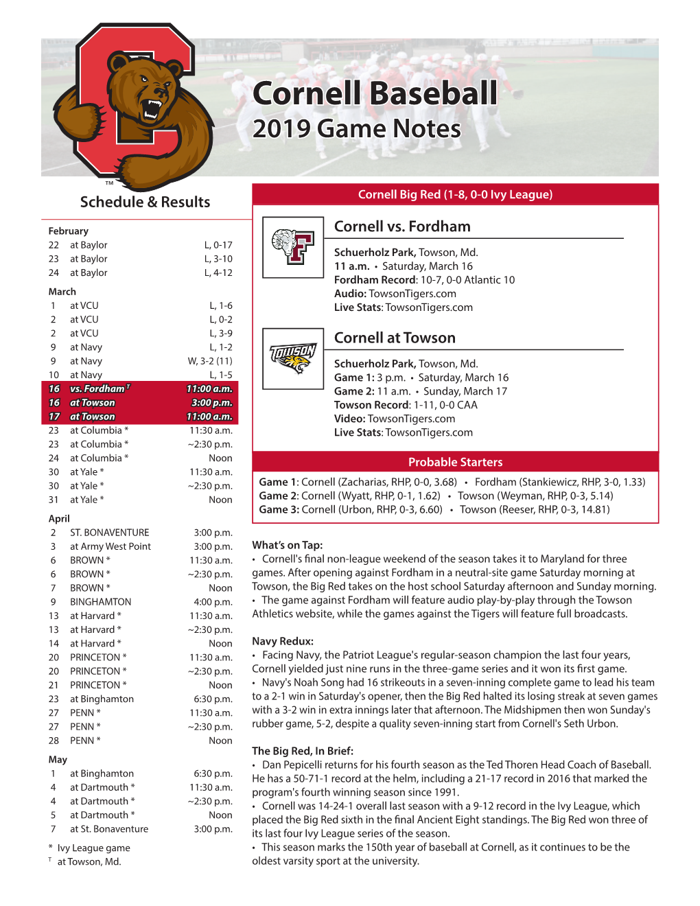 Cornell Baseball 2019 Game Notes