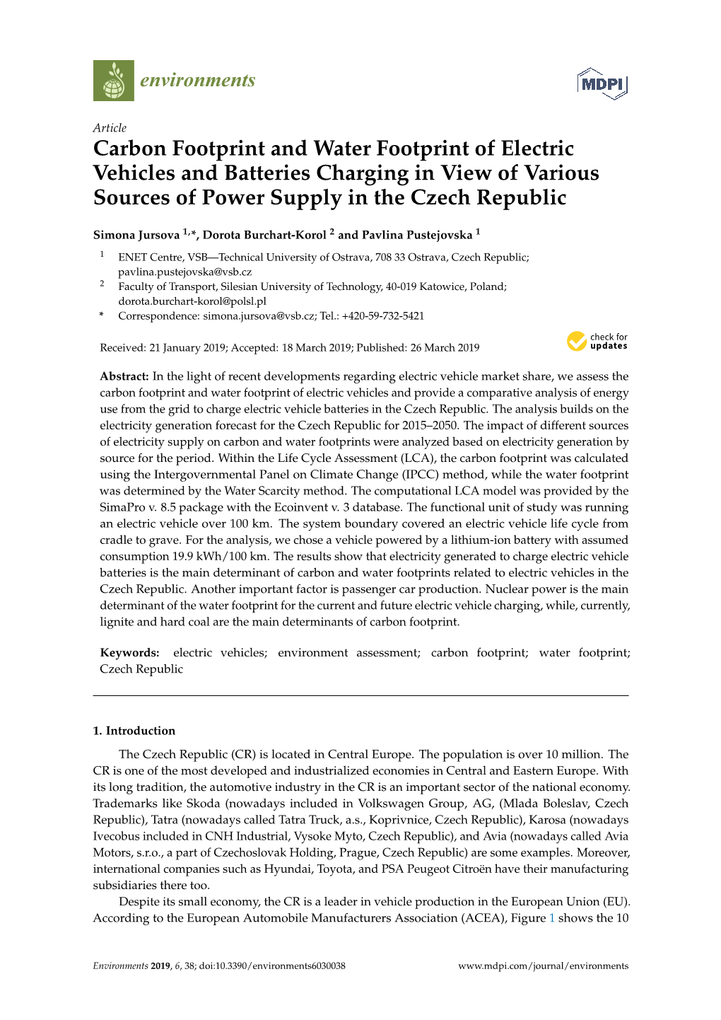 Carbon Footprint and Water Footprint of Electric Vehicles and Batteries Charging in View of Various Sources of Power Supply in the Czech Republic
