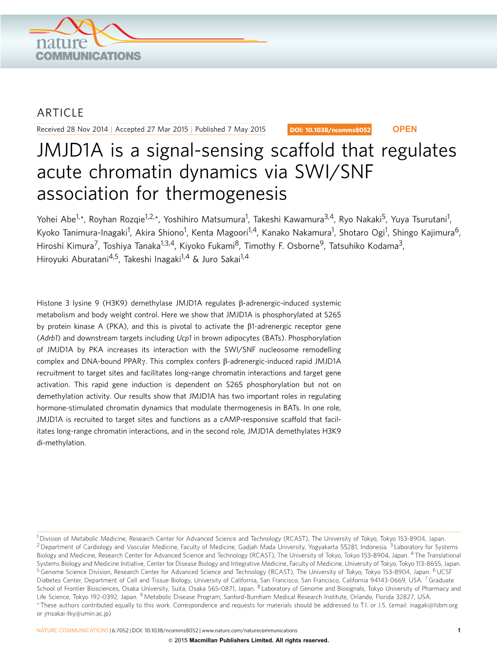 JMJD1A Is a Signal-Sensing Scaffold That Regulates Acute Chromatin Dynamics Via SWI/SNF Association for Thermogenesis