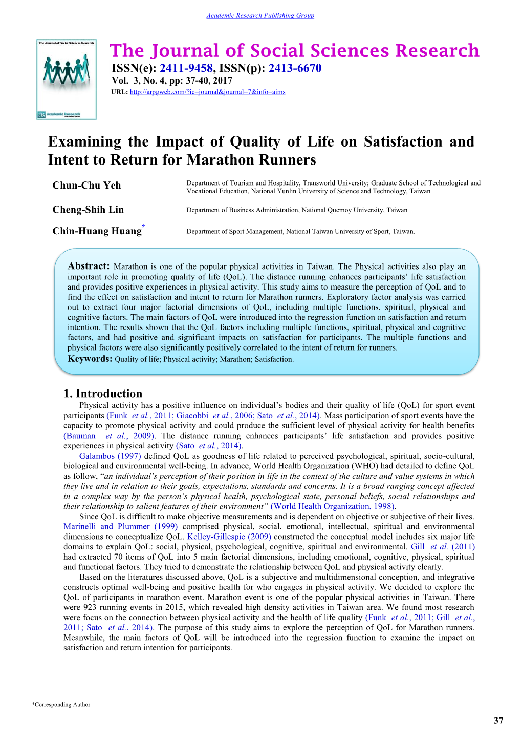 Examining the Impact of Quality of Life on Satisfaction and Intent to Return for Marathon Runners