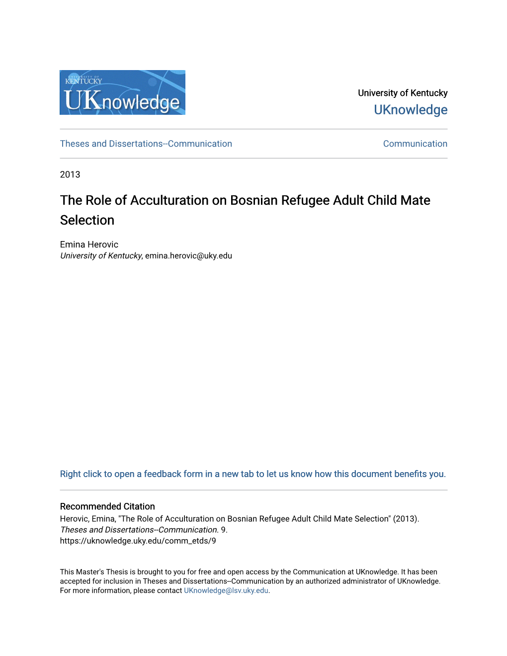 The Role of Acculturation on Bosnian Refugee Adult Child Mate Selection