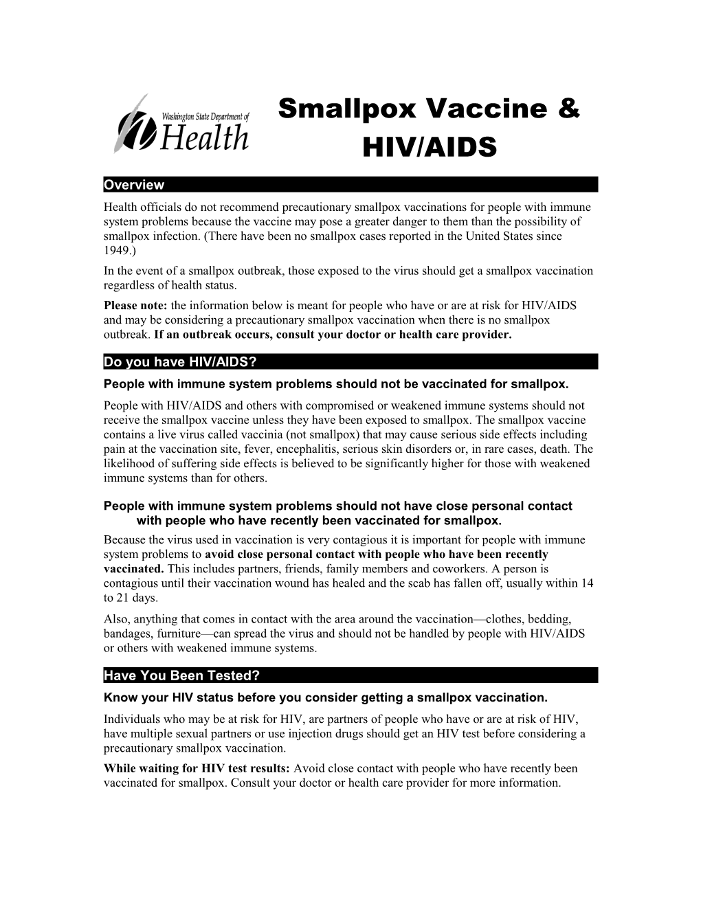 Smallpox Vaccine and HIV, Fact Sheet