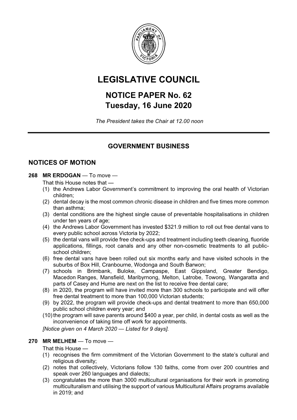 LEGISLATIVE COUNCIL NOTICE PAPER No