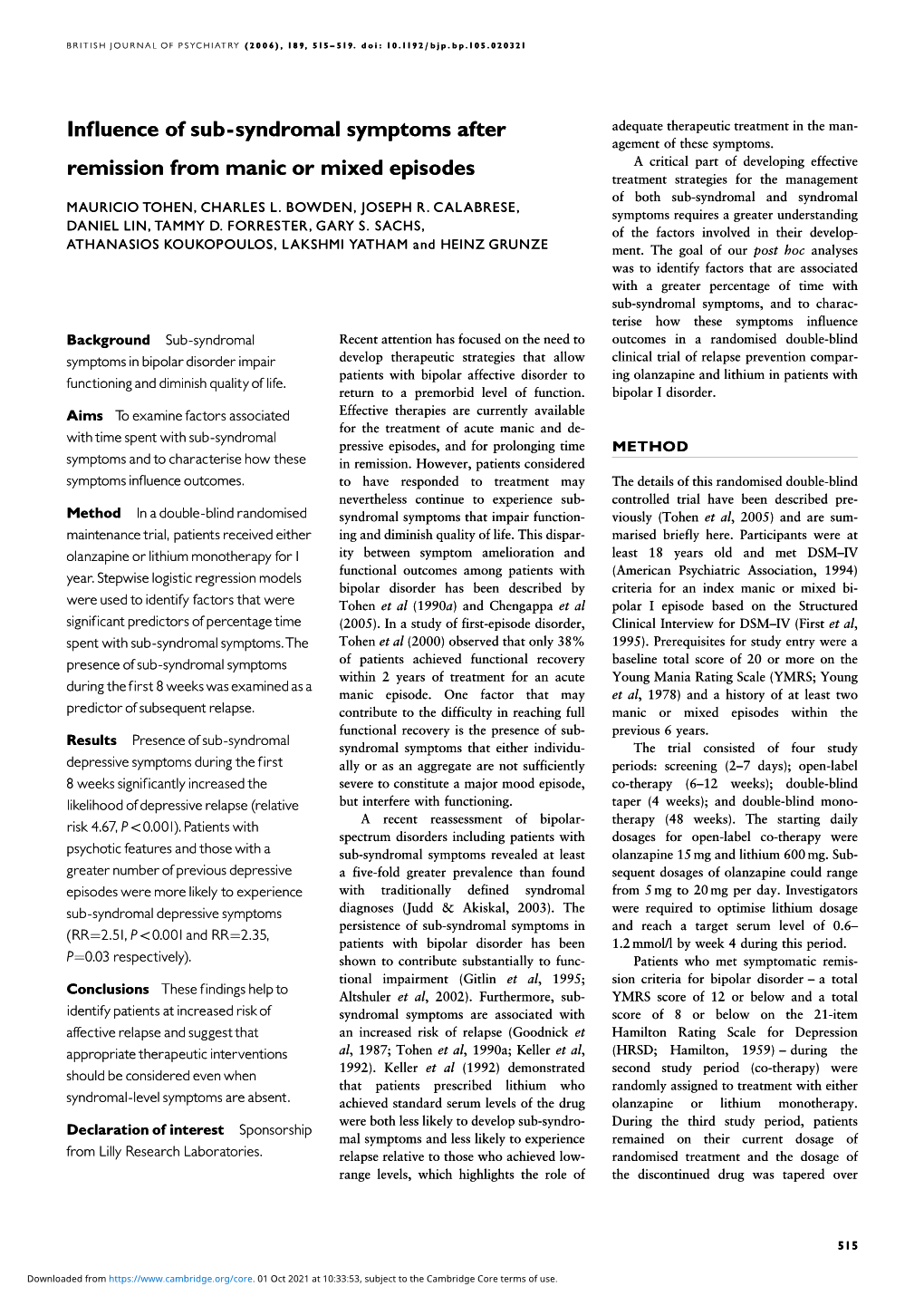 Influence of Sub-Syndromal Symptoms After Remission from Manic Or Mixed