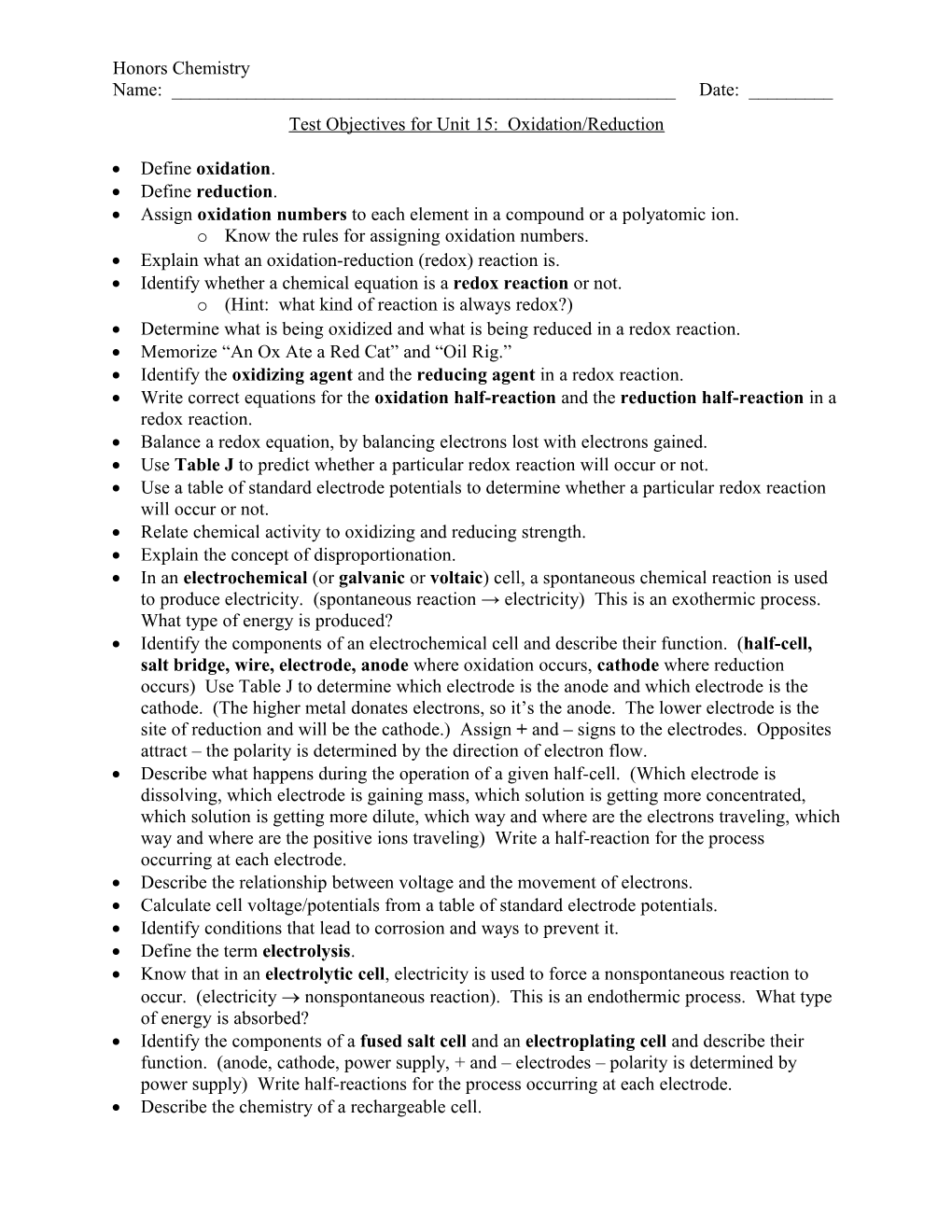 Test Objectives for Unit 11: Oxidation/Reduction