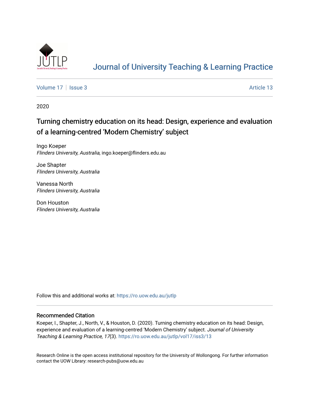 Turning Chemistry Education on Its Head: Design, Experience and Evaluation of a Learning-Centred ‘Modern Chemistry’ Subject