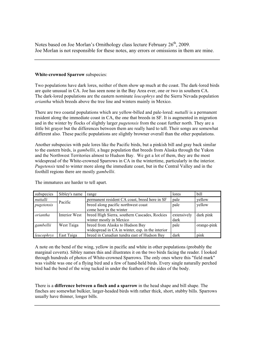 Notes Based on Joe Morlan's Ornithology Class Lecture February