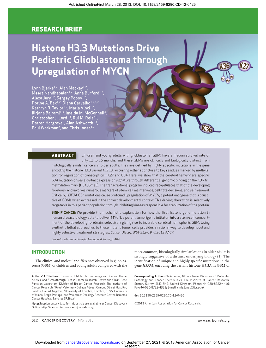 Histone H3.3 Mutations Drive Pediatric Glioblastoma Through Upregulation of MYCN