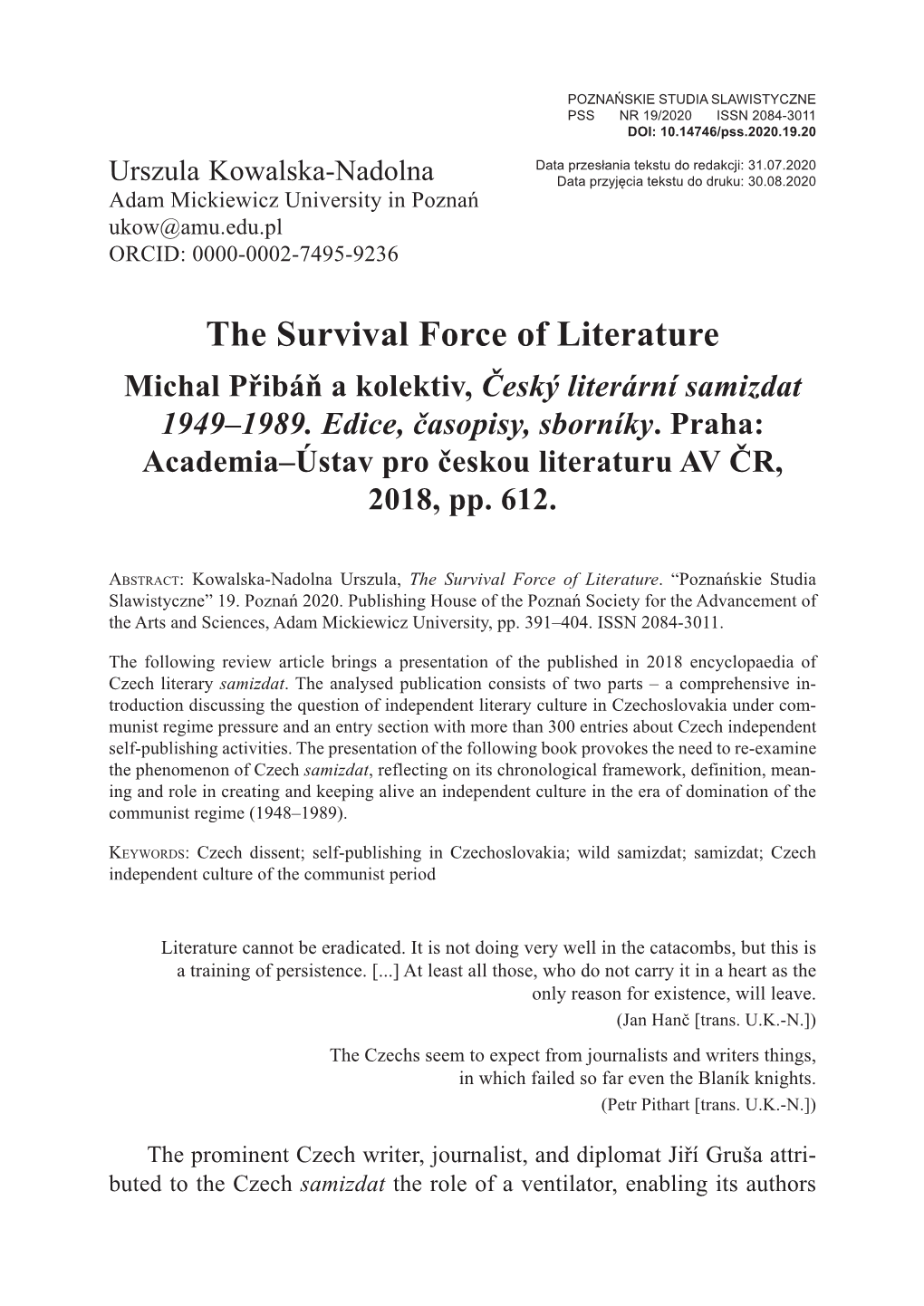 The Survival Force of Literature Michal Přibáň a Kolektiv, Český Literární Samizdat 1949–1989