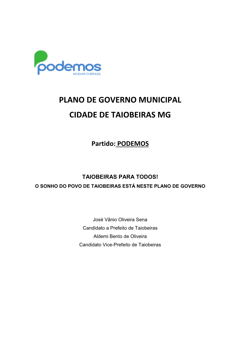 Plano De Governo Municipal Cidade De Taiobeiras Mg