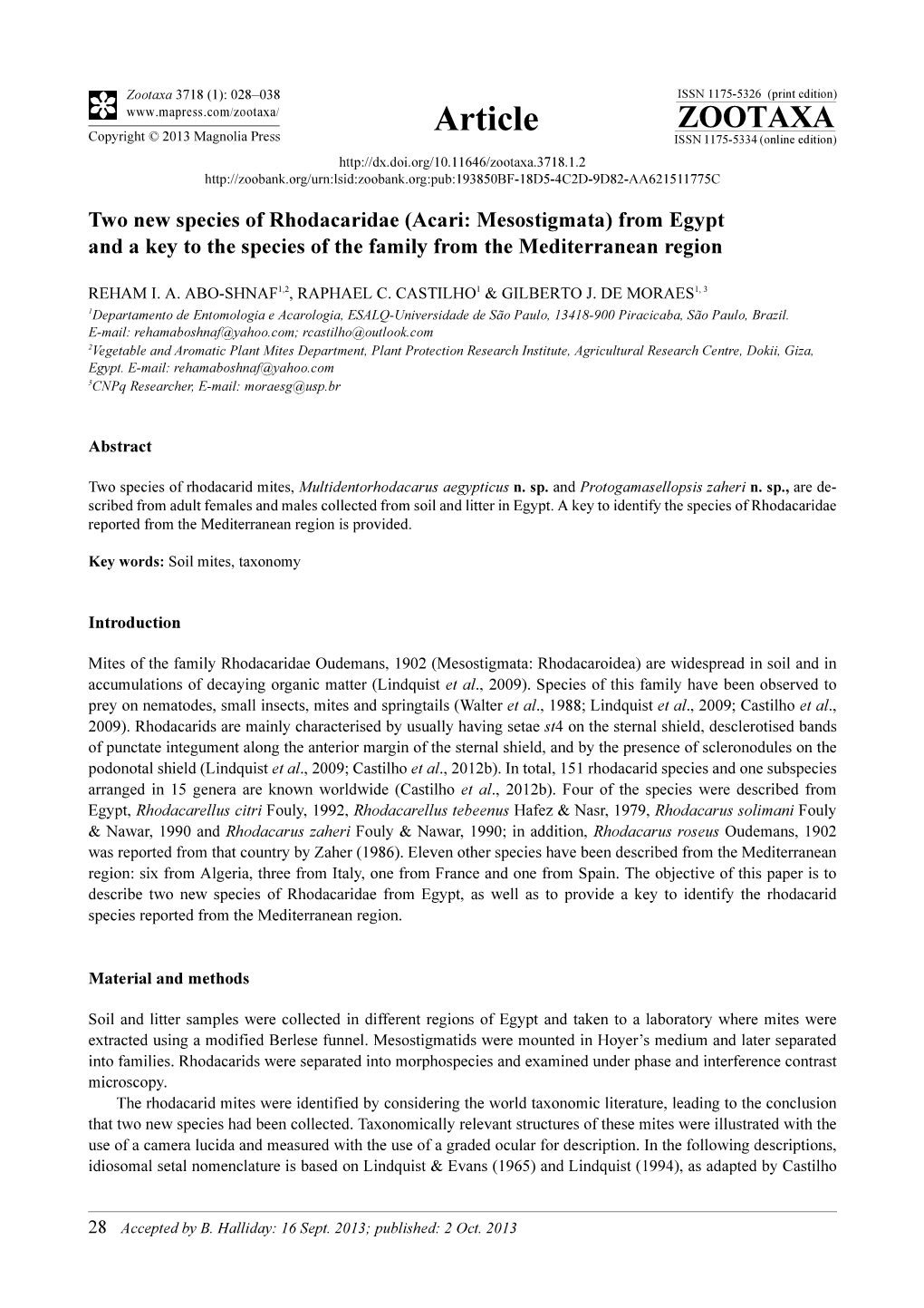 Acari: Mesostigmata) from Egypt and a Key to the Species of the Family from the Mediterranean Region