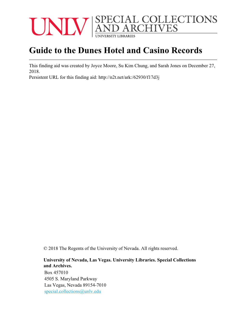 Guide to the Dunes Hotel and Casino Records