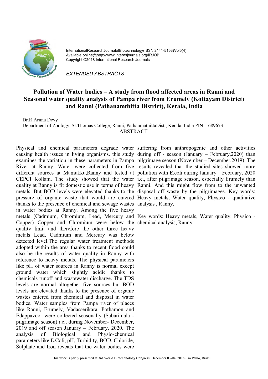 Pollution of Water Bodies – a Study from Flood Affected Areas in Ranni