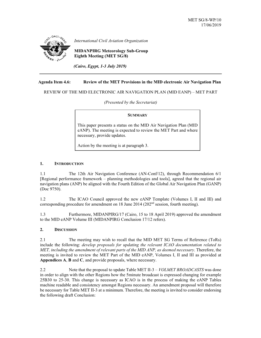 MET SG/8-WP/10 17/06/2019 International Civil Aviation