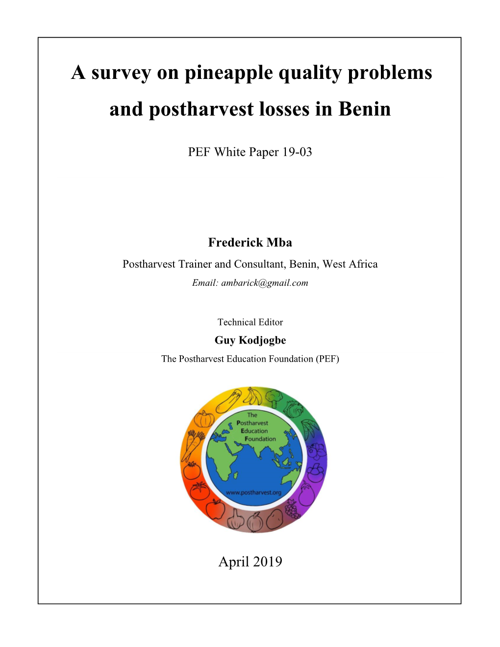 A Survey on Pineapple Quality Problems and Postharvest Losses in Benin