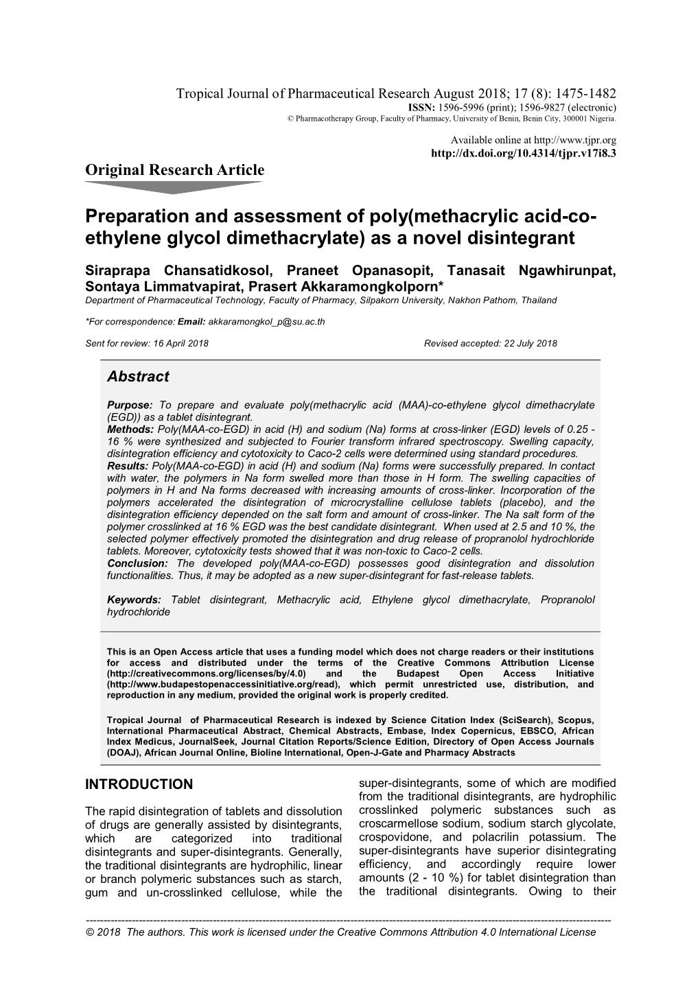 Preparation and Assessment of Poly(Methacrylic Acid-Co- Ethylene Glycol Dimethacrylate) As a Novel Disintegrant