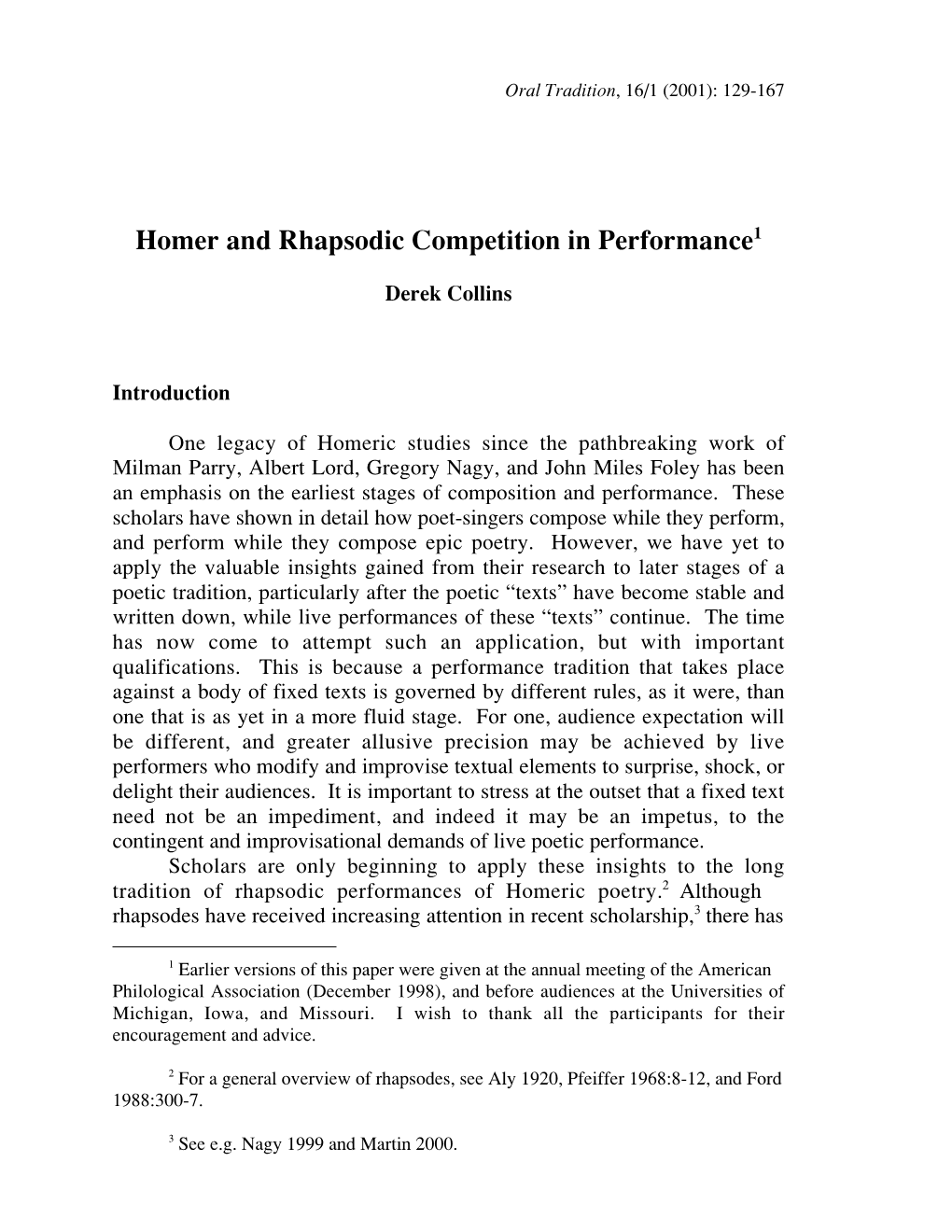 Homer and Rhapsodic Competition in Performance1