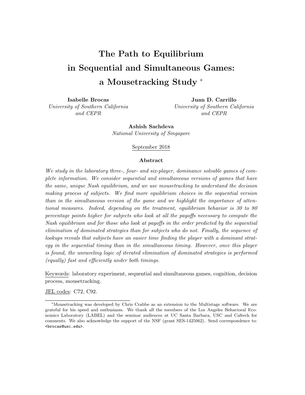 The Path to Equilibrium in Sequential and Simultaneous Games: a Mousetracking Study ∗