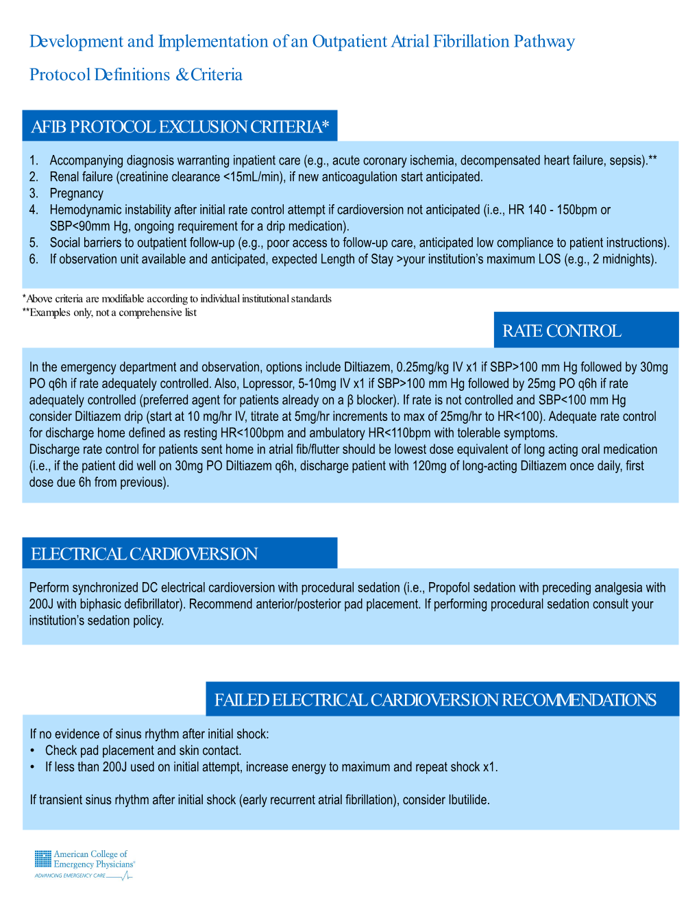 Development and Implementation of an Outpatient Atrial Fibrillation Pathway Protocol Definitions & Criteria