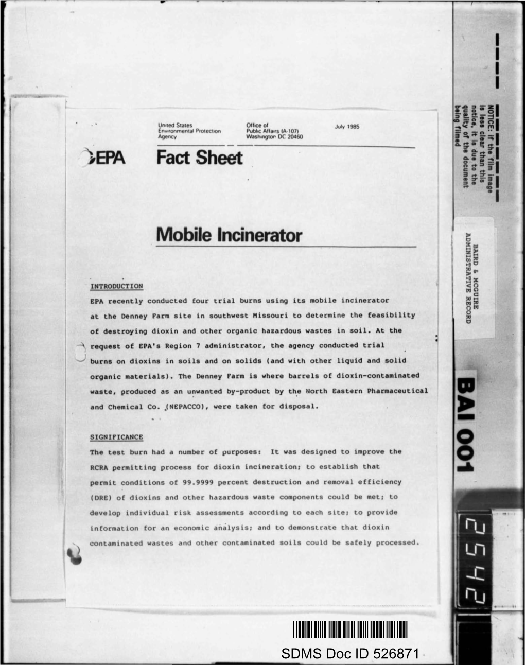 Fact Sheet: Mobile Incinerator (07/11/1985