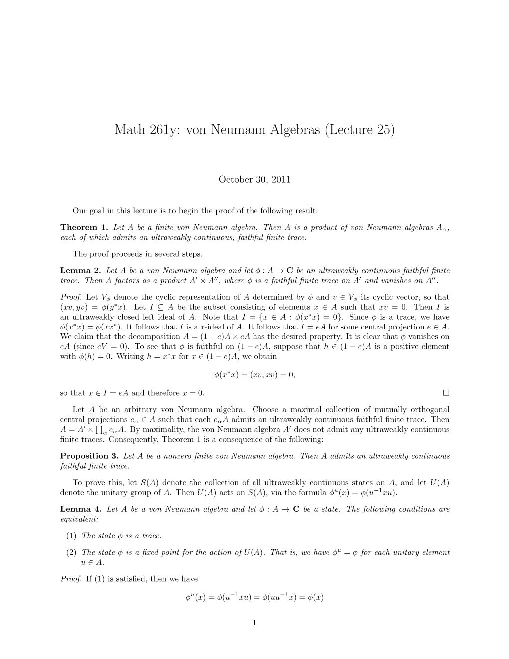 Math 261Y: Von Neumann Algebras (Lecture 25)