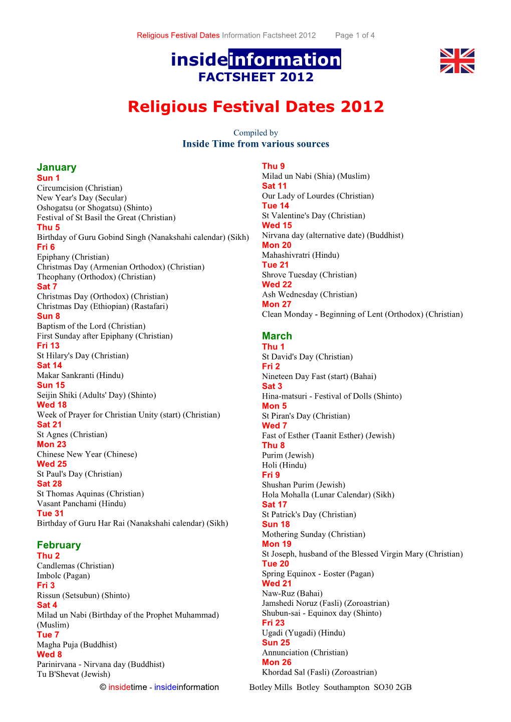 Religious Festival Dates 2012